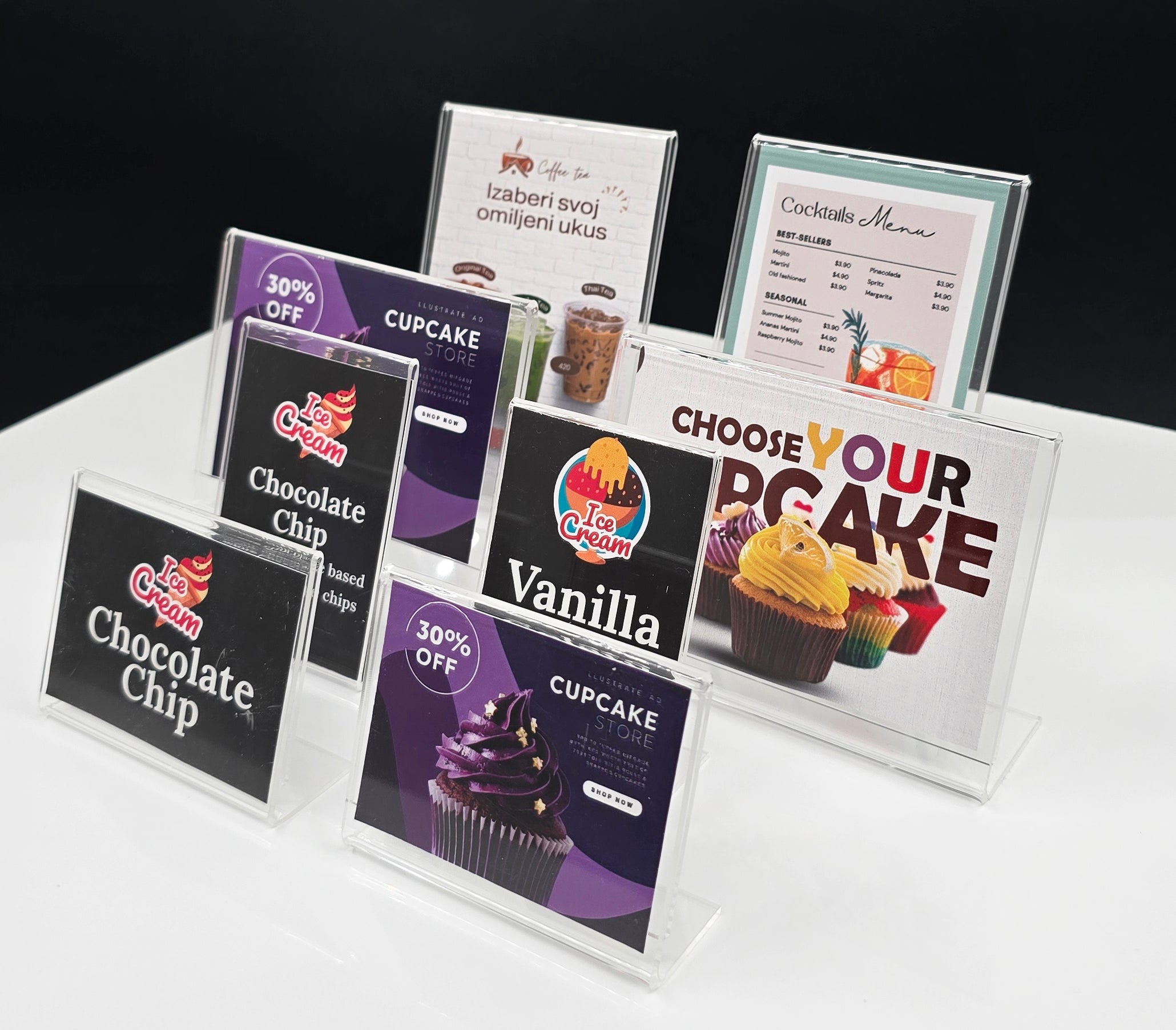 12 pcs Acrylic Label Holder | Clear L Shaped Sign Display Stand | Acrylic Menu Card Holder for Bakery, Gelato, Cafe