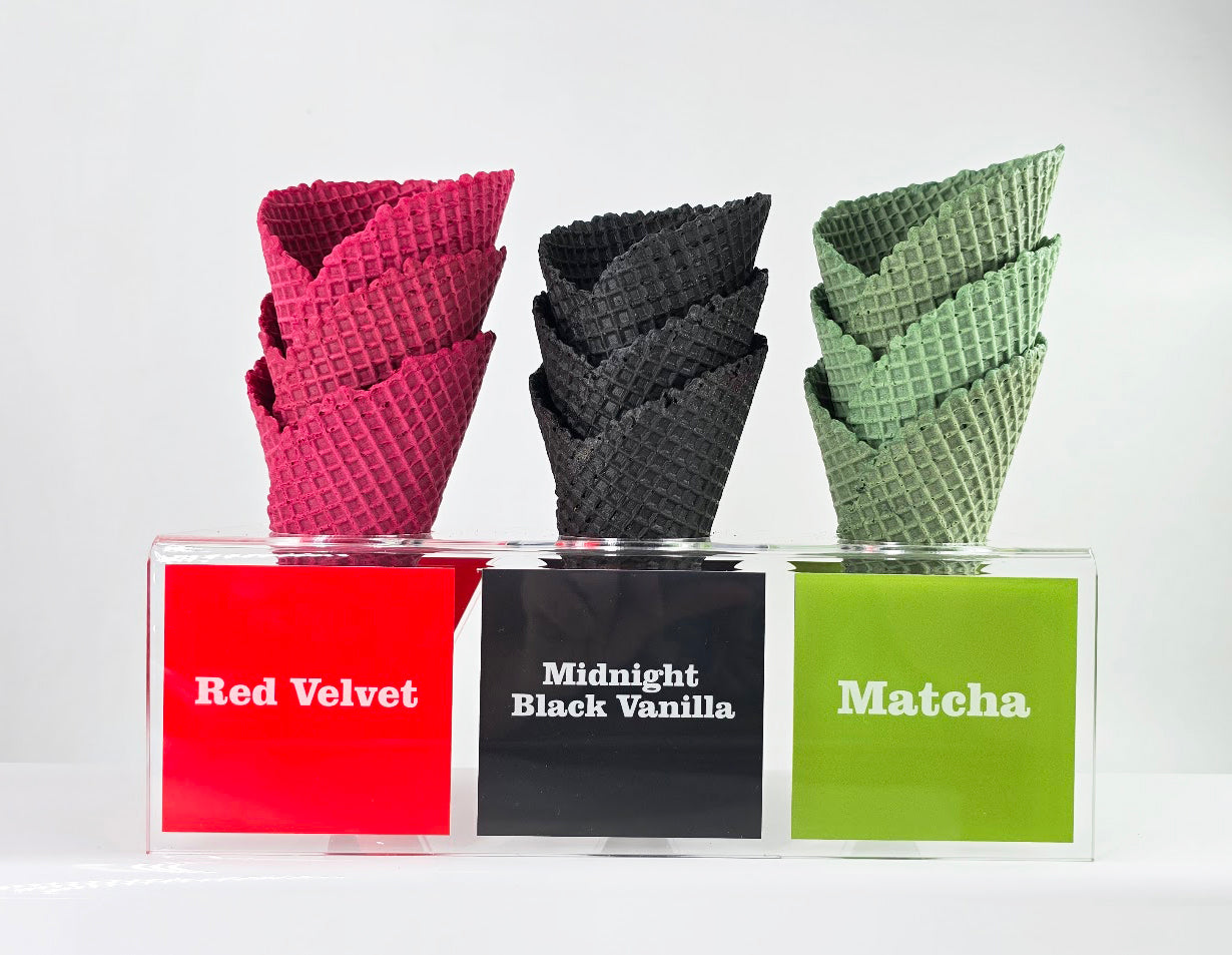 Acrylic Ice Cream Cone Display with Flavor Labels, Gelato Cone Holder, Gelato Tags, Cone flavor Red Velvet, Black Vanilla, Matcha