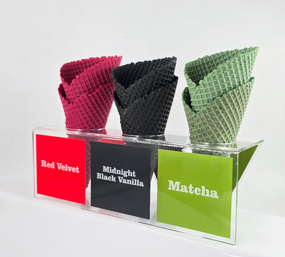 Acrylic Ice Cream Cone Display with Flavor Labels, Gelato Cone Holder, Gelato Tags, Cone flavor Red Velvet, Black Vanilla, Matcha
