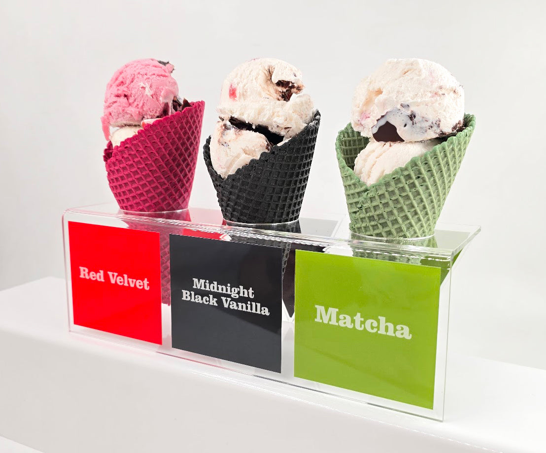 Acrylic Ice Cream Cone Display with Flavor Labels, Gelato Cone Holder, Gelato Tags, Cone flavor Red Velvet, Black Vanilla, Matcha