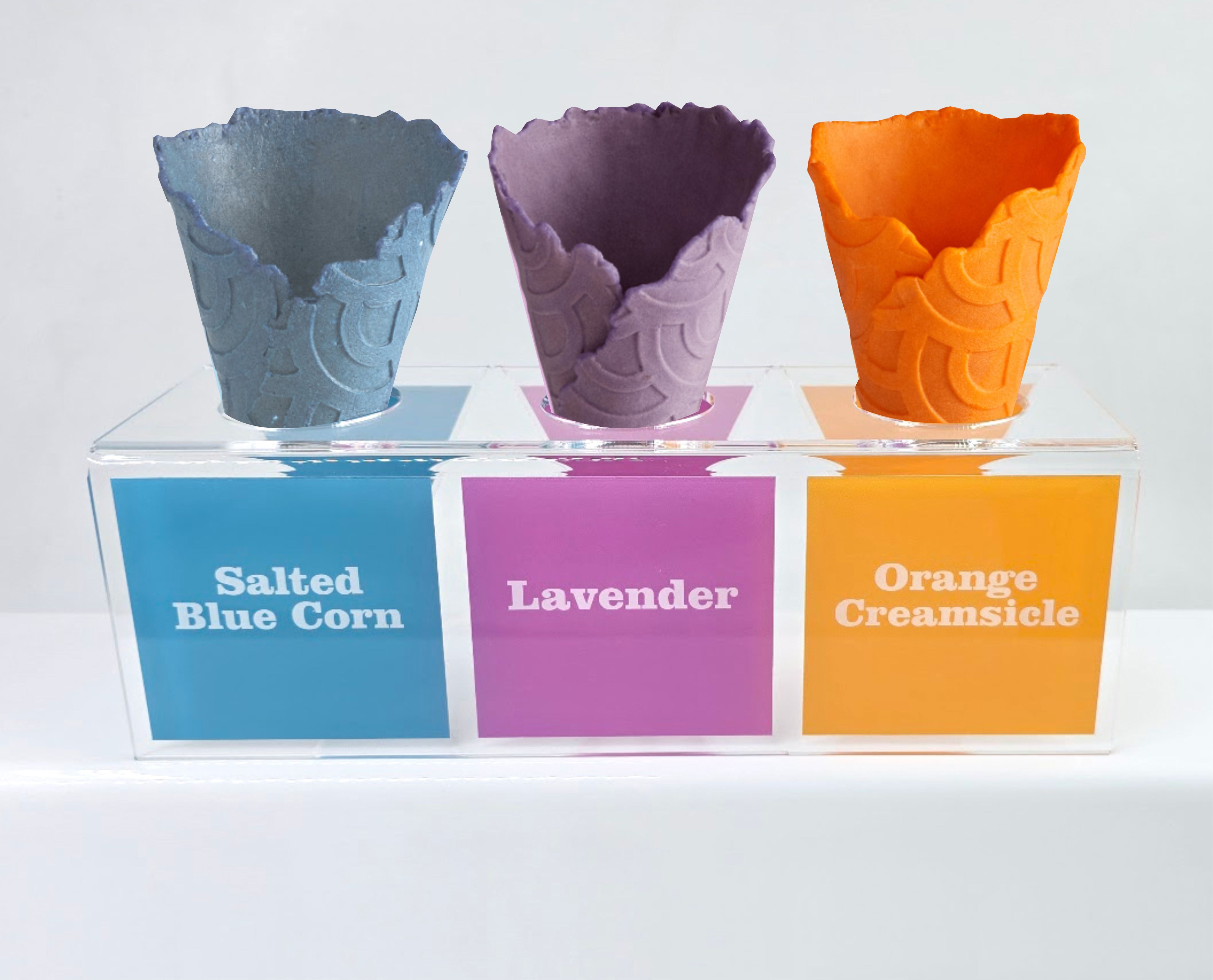 Colorful Acrylic Ice Cream Cone Holder, 3 Flavor Display, Custom Labels for Gelato and Dessert Shops
