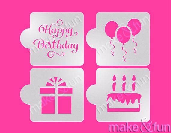 4 pcs Happy Birthday Cookie Stencil Decoupage|4 Stück Geburtstag Schablonen, Airbrush und Royal Icing