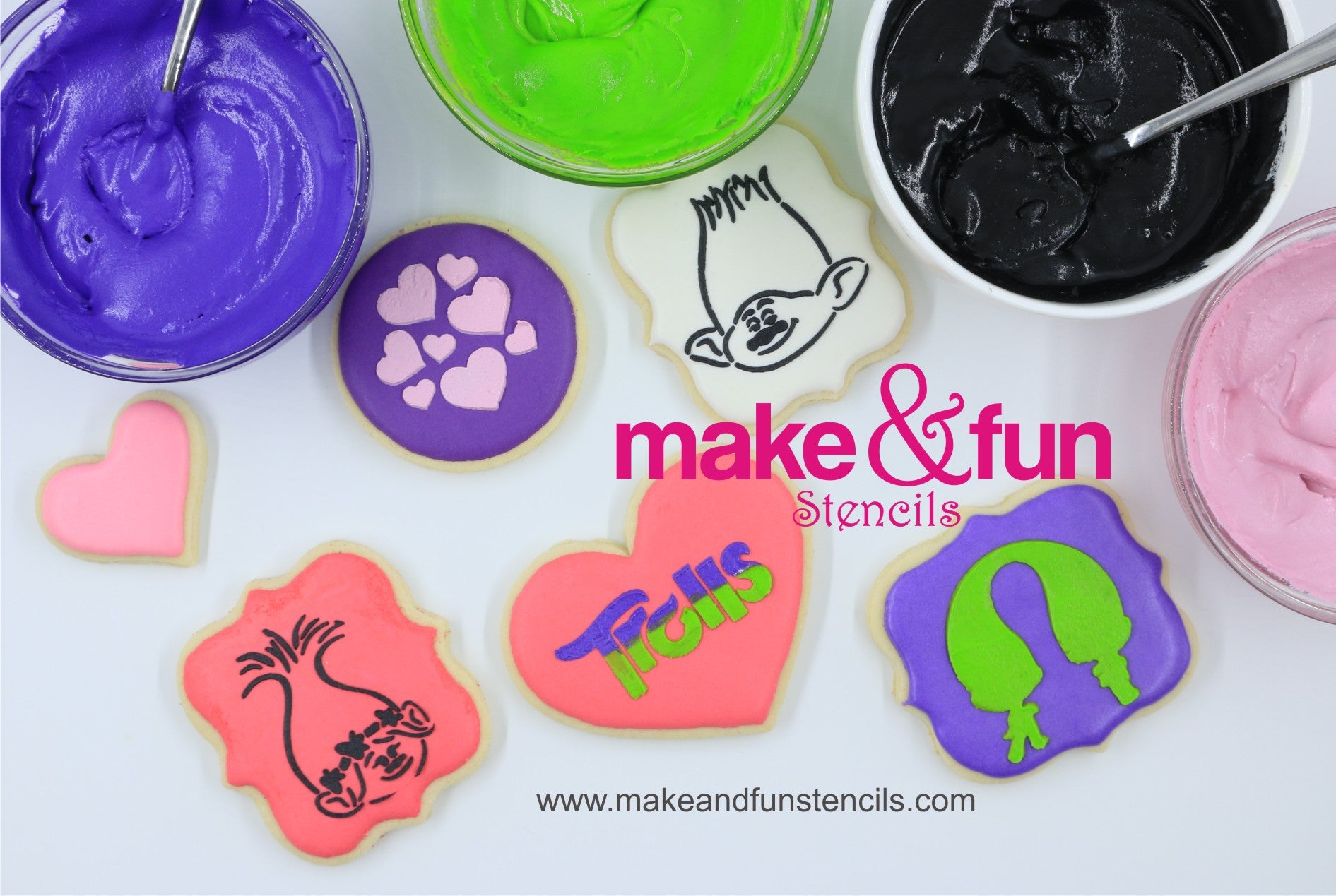 4 pcs Cookie Stencil, Trolls stencil Royal Icing|4 Stück Schablonen, Airbrush und Royal Icing