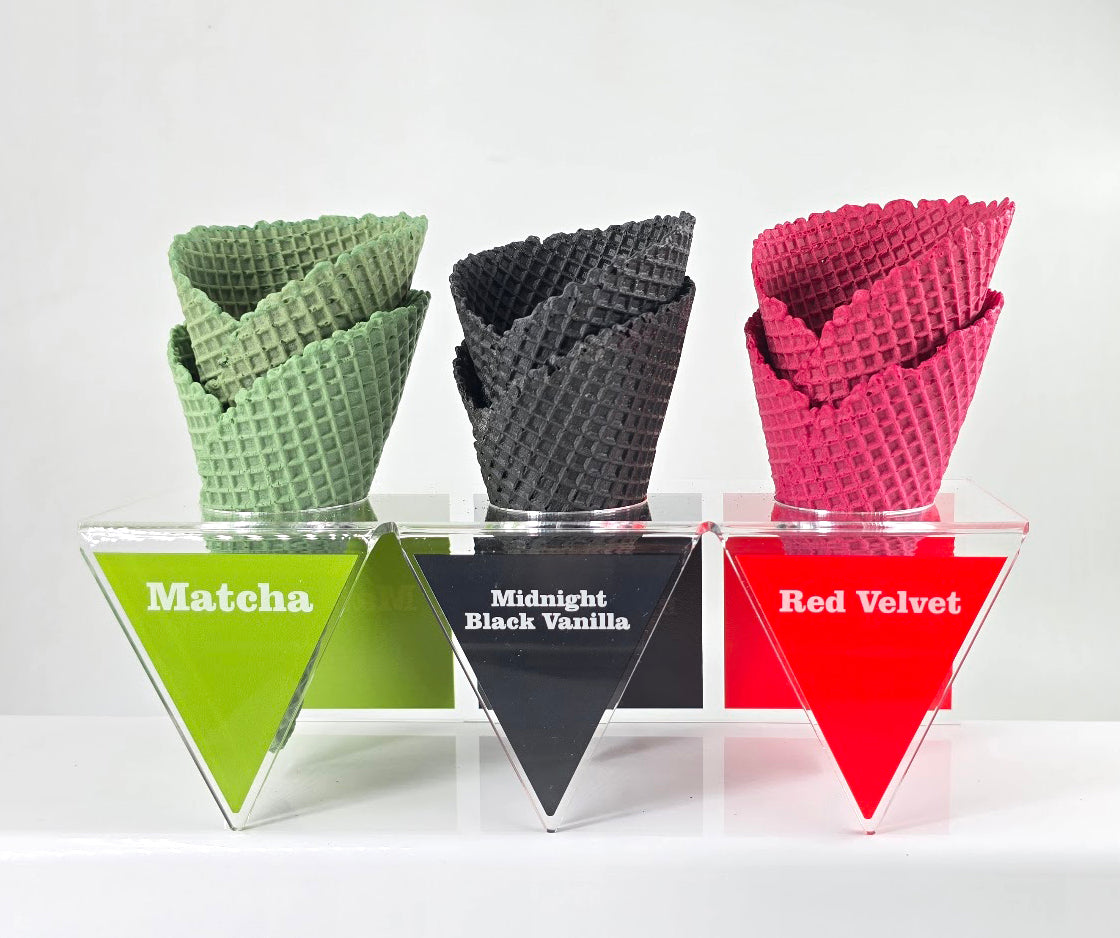 Acrylic Ice Cream Cone Display with Flavor Labels, Gelato Cone Holder, Gelato Tags, Cone flavor Red Velvet, Black Vanilla, Matcha
