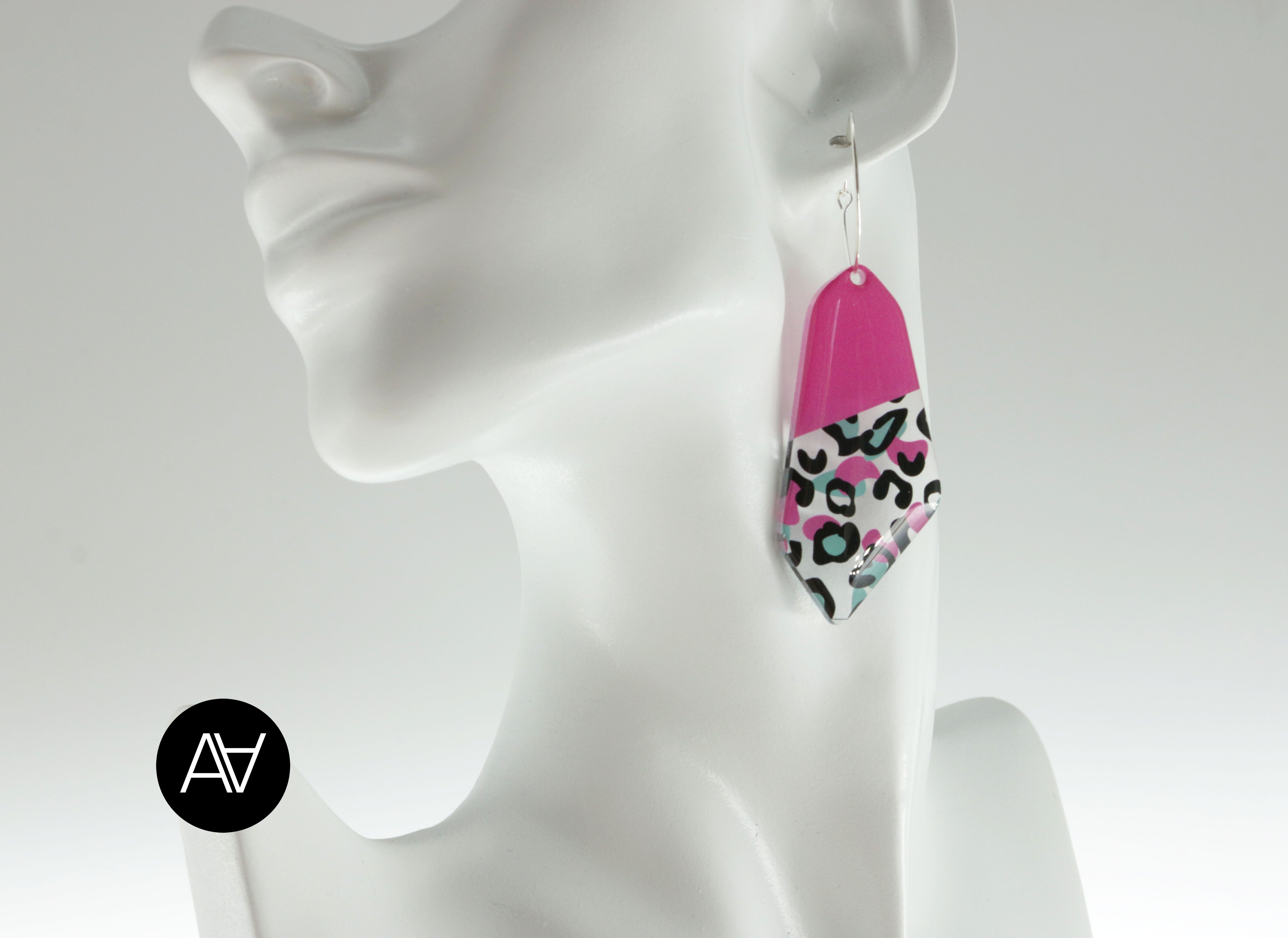 Acrylic Glass Earrings / Animal Print Style Earrings / Black and Pink Earrings