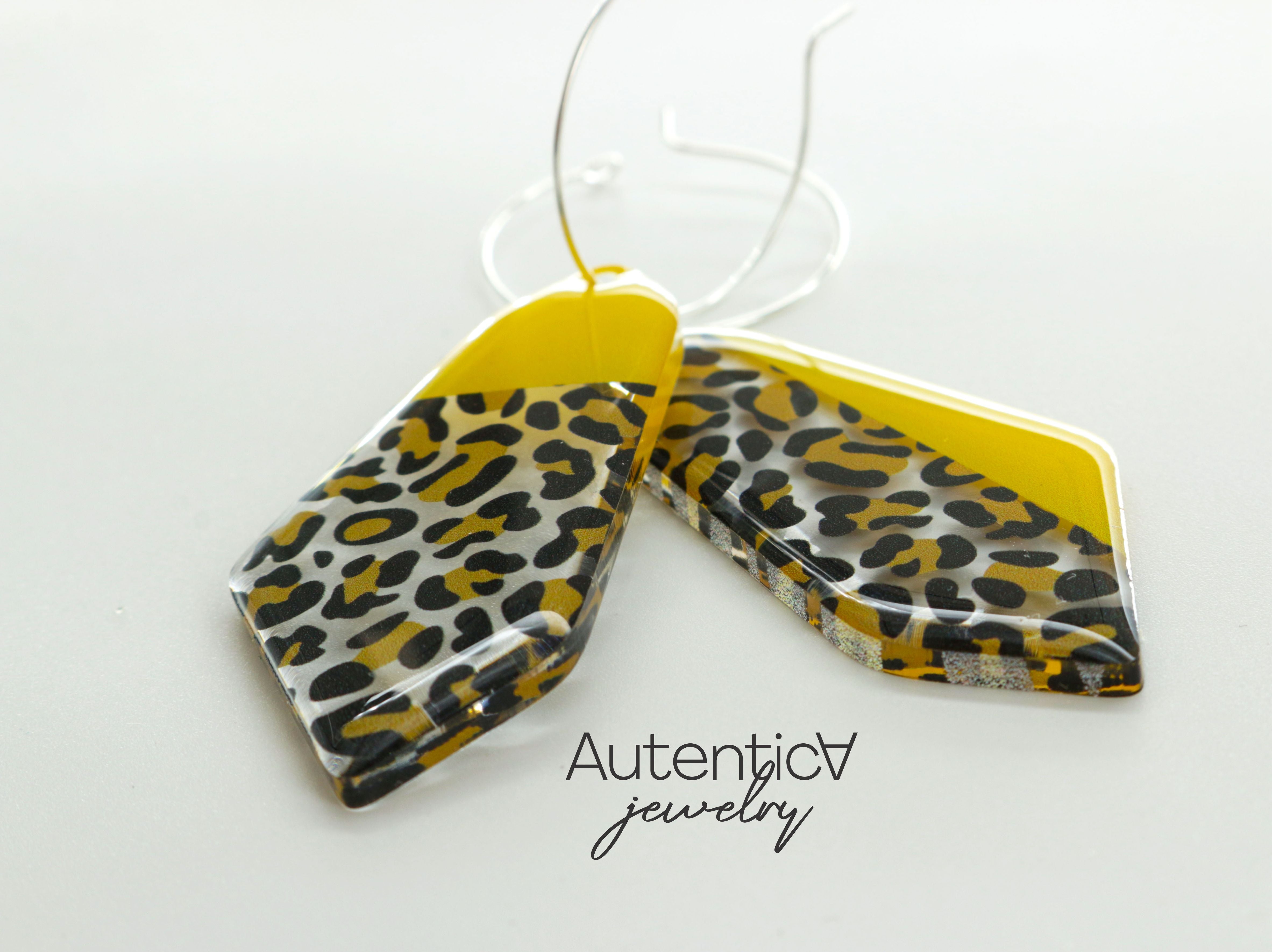 Acrylic Glass Earrings / Animal Print Style Earrings / Black and Yellow Earrings