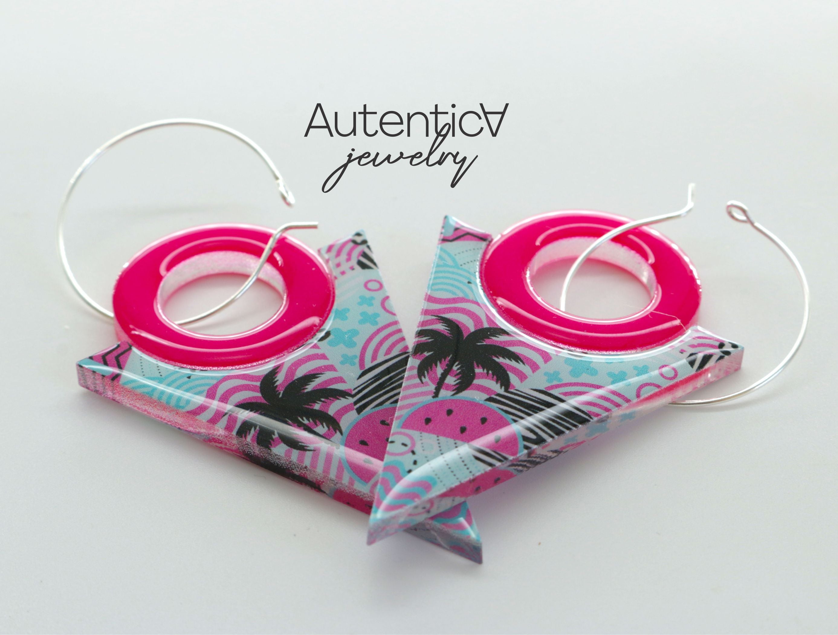 Acrylic Glass Earrings / Tropic Print Style Earrings / Pink Earrings