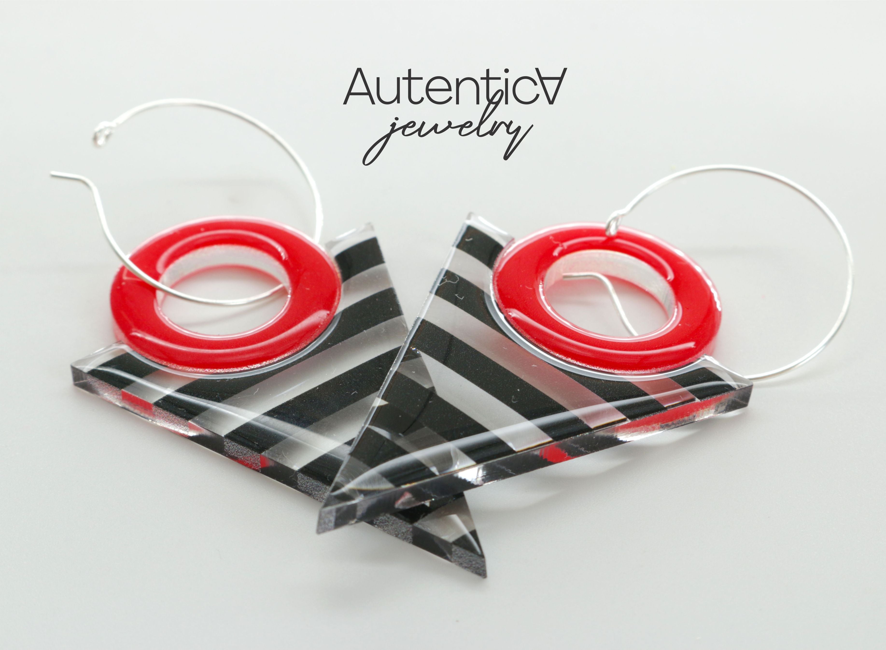 Acrylic Glass Earrings / Retro Style Earrings / Red and Black Earrings