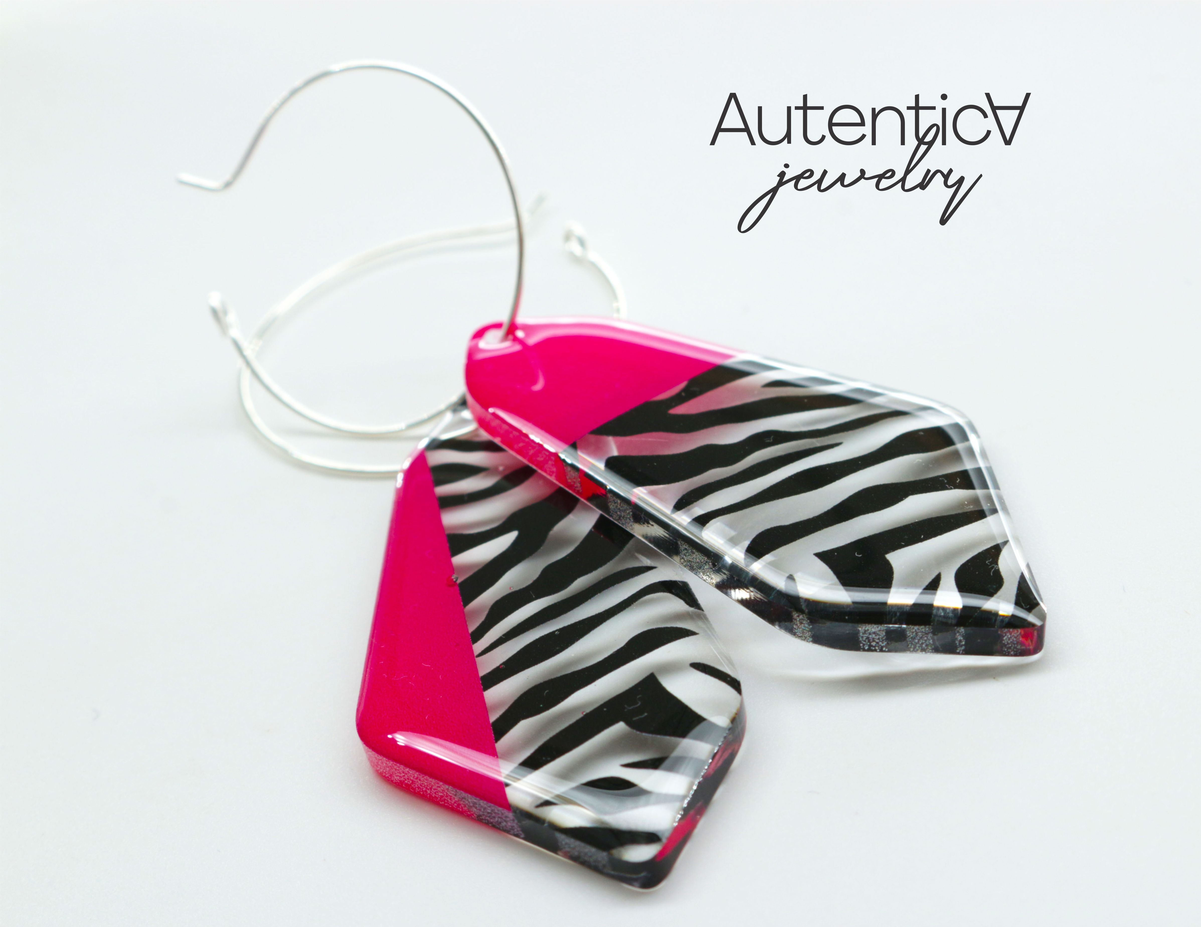 Acrylic Glass Earrings / Animal Print Style Earrings / Black and Pink Earrings