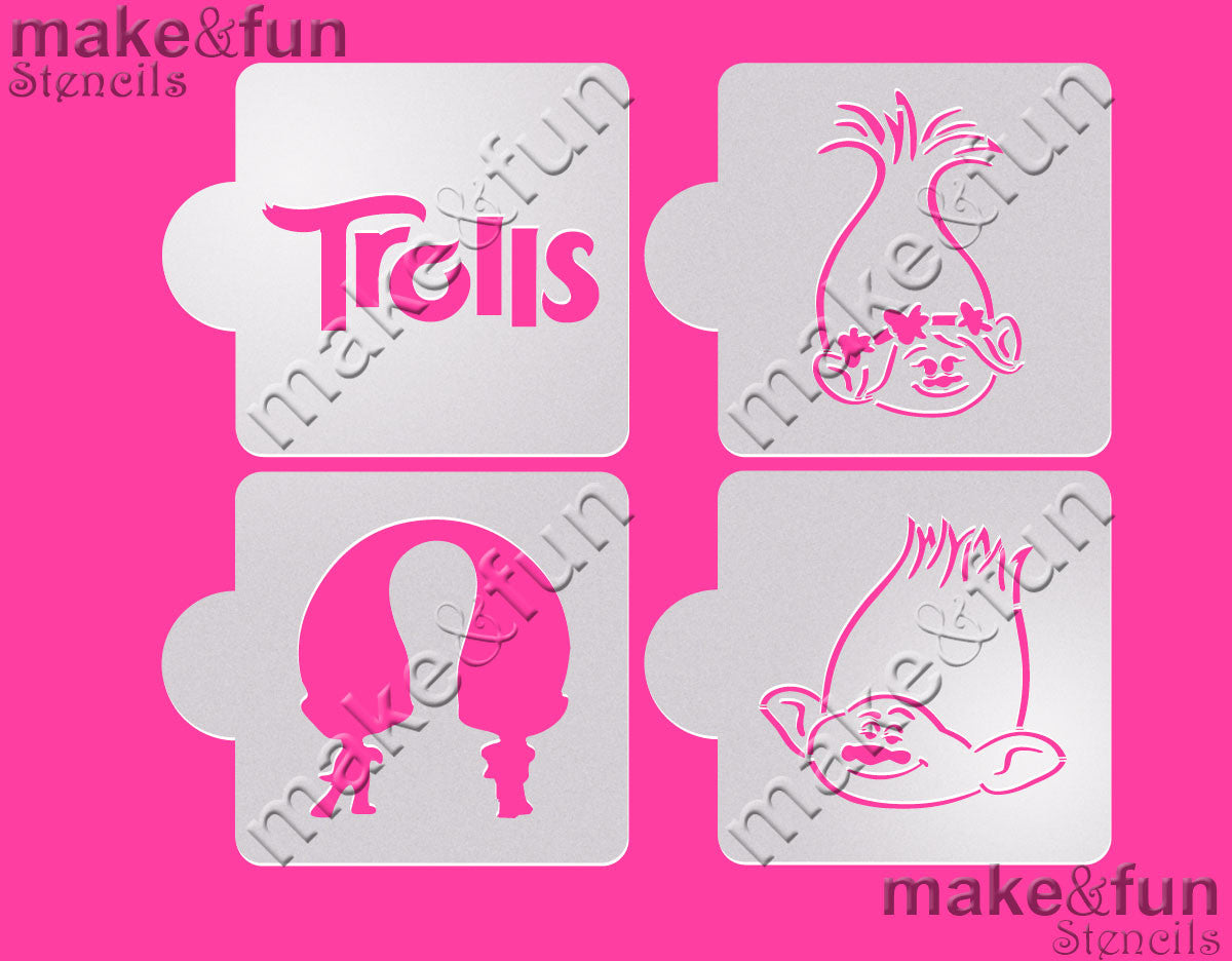 4 pcs Cookie Stencil, Trolls stencil Royal Icing|4 Stück Schablonen, Airbrush und Royal Icing
