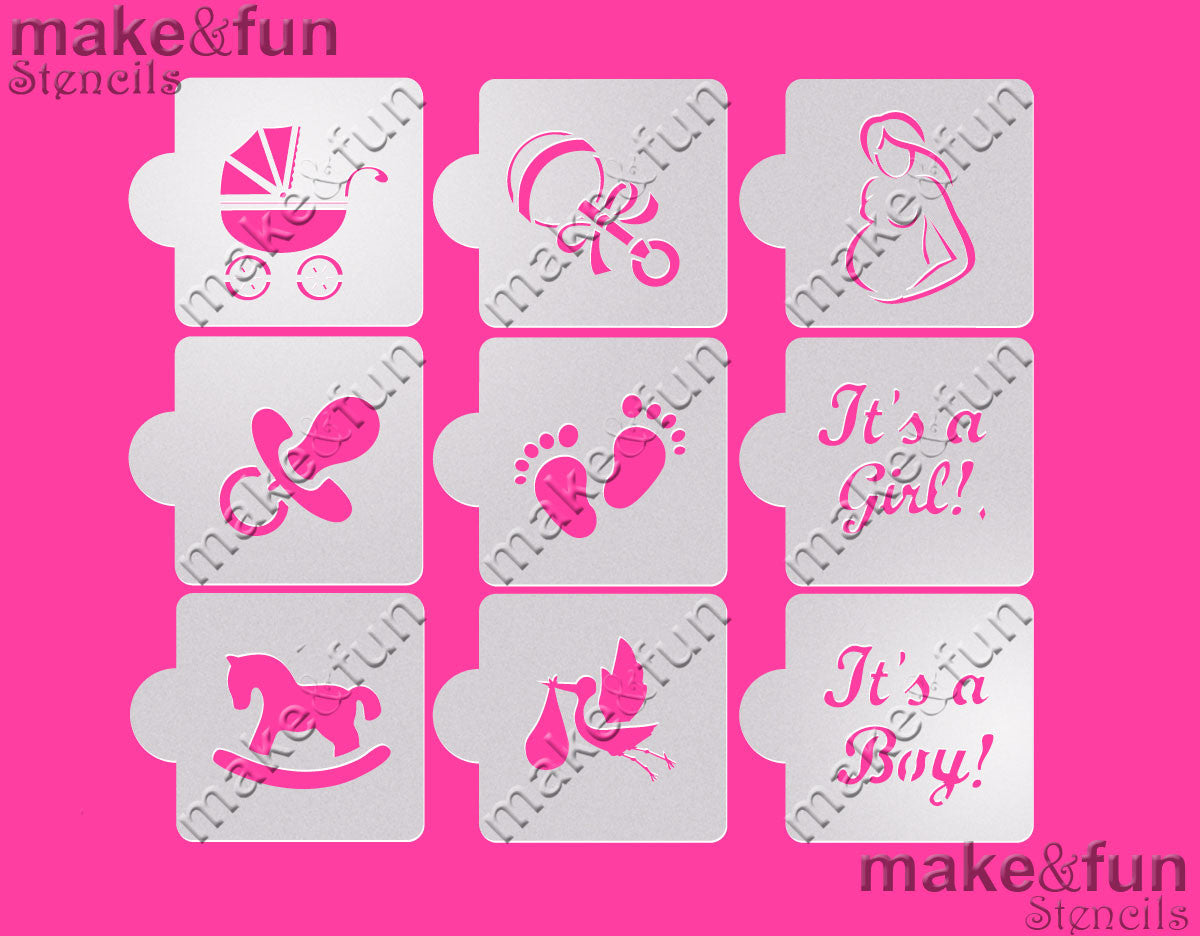 9 pcs Baby Shower Cookie stencil, Cake stencil|9 Stück Schablonen, Airbrush und Royal Icing